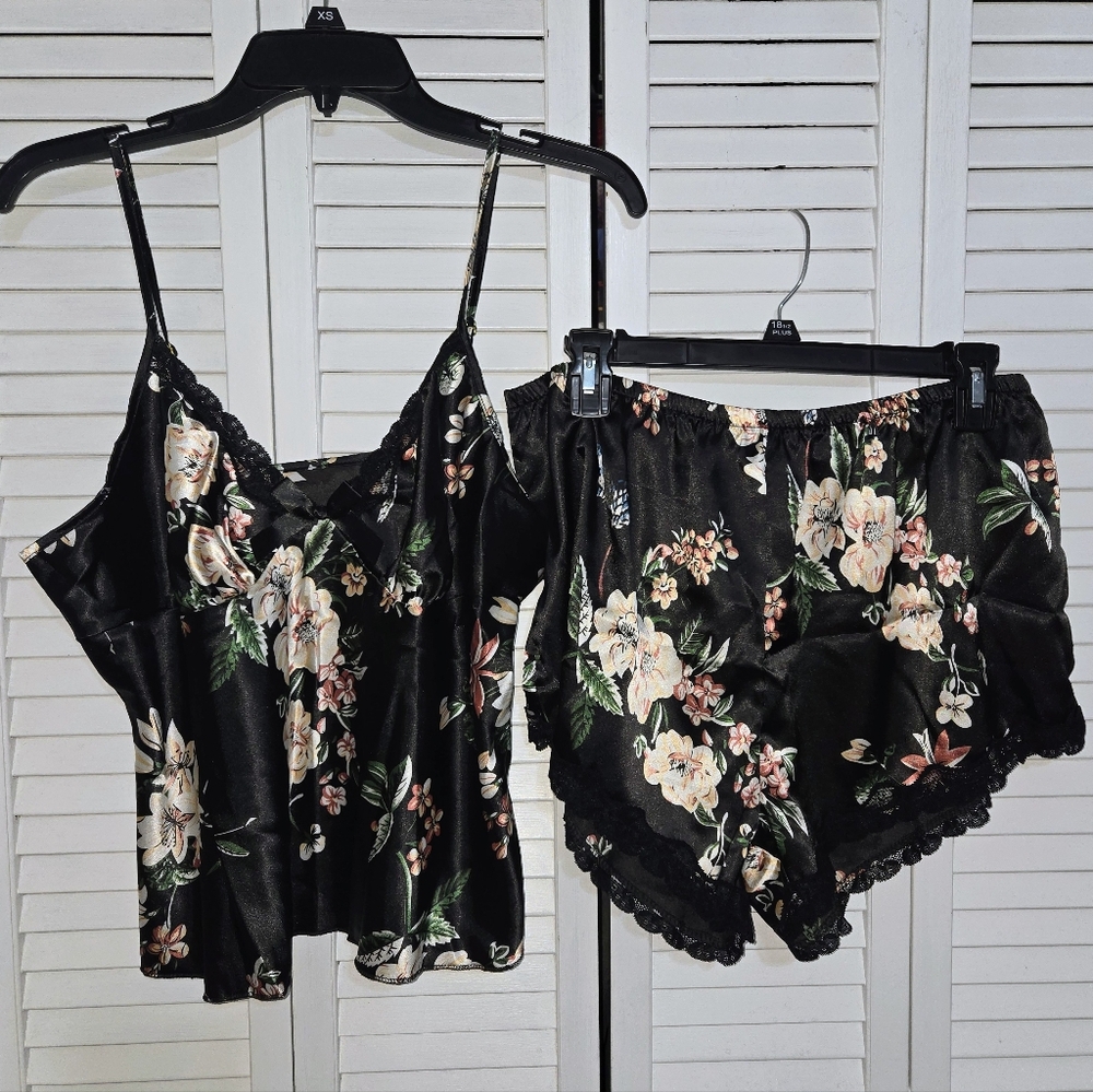 Women's XL Floral Satin & Lace 2pc Lingerie Pajama Set NEW